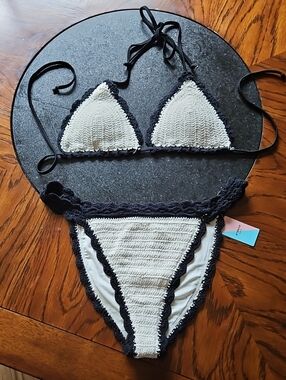 Ardene Swim Cotton Crochet 2 Piece Bikini In White/Black Trim L